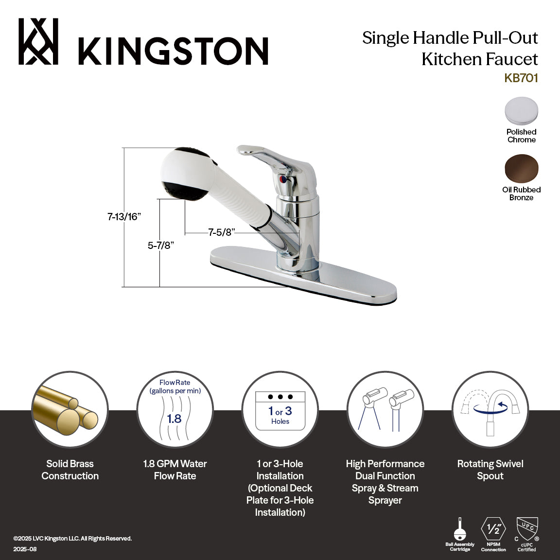 Kingston Tulare KB701 - Wyndham Single-Handle 1-or-3 Hole Deck Mount Pull-Out Sprayer Kitchen Faucet, Polished Chrome — thumbnail 2